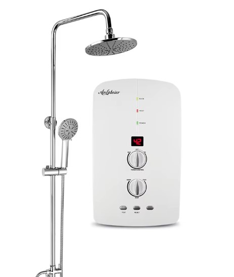 White Anlabeier Tankless Water Heater with Inbuilt pump + Silver Rainshower