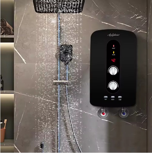Black Anlabeier Tankless Water Heater with Inbuilt pump + Silver Rainshower